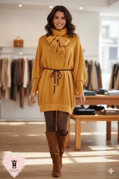 Made in Italy - go124  -  Gold Tiered Wool Tunic & Insdie Tee & Scarf & Belt - 3 items