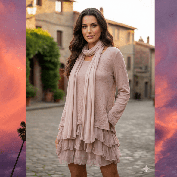 Made in Italy - ita620  Dusty Pink Jersey Dress with Scarf /  2 items