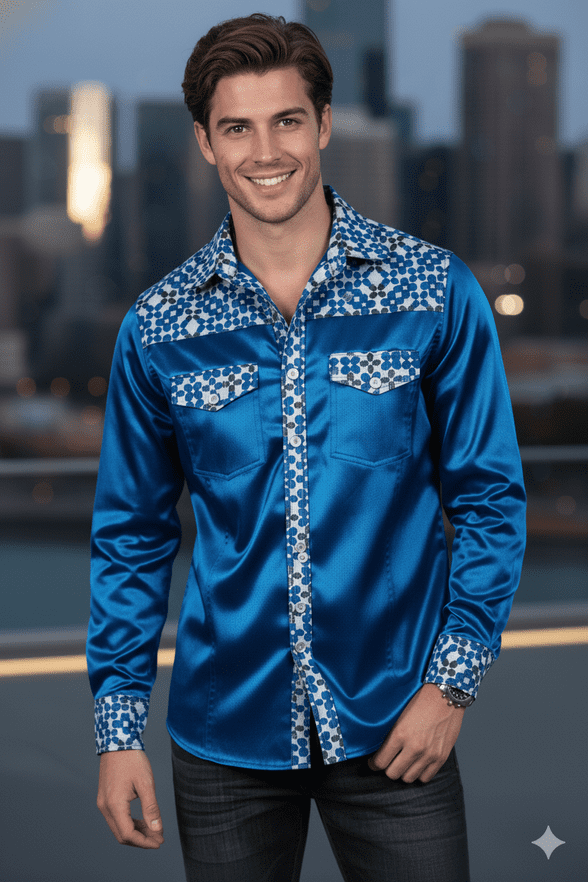 SSA8002  Modern Silk & Satin Shirt with intricate geometric detailing on the collar & cuffs