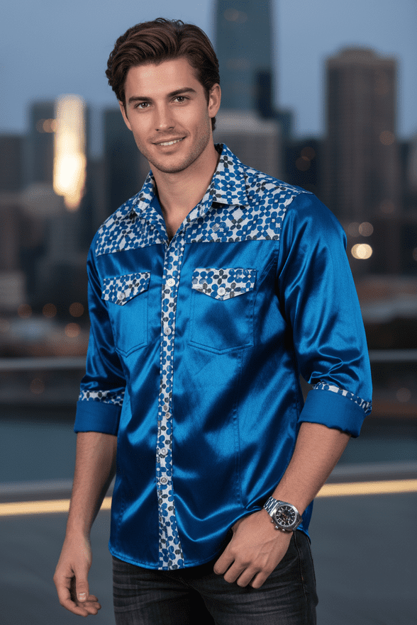 SSA8002  Modern Silk & Satin Shirt with intricate geometric detailing on the collar & cuffs
