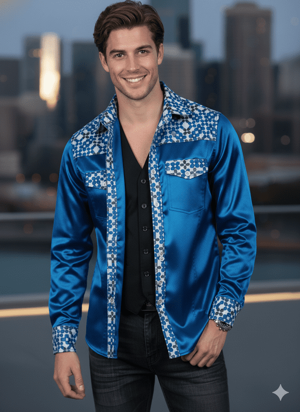 SSA8002 Modern Silk & Satin Shirt with intricate geometric detailing on the collar & cuffs