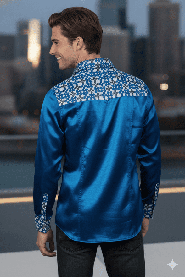 SSA8002  Modern Silk & Satin Shirt with intricate geometric detailing on the collar & cuffs