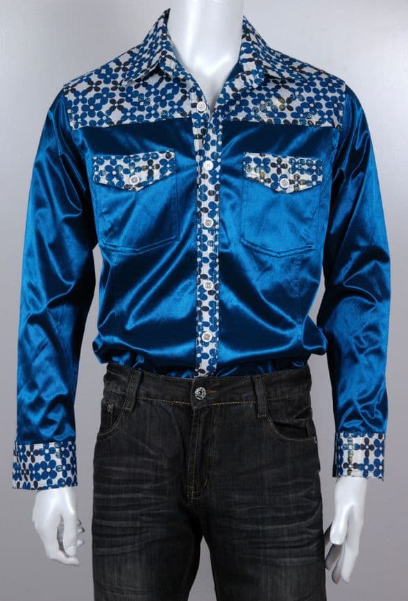 SSA8002  Modern Silk & Satin Shirt with intricate geometric detailing on the collar & cuffs