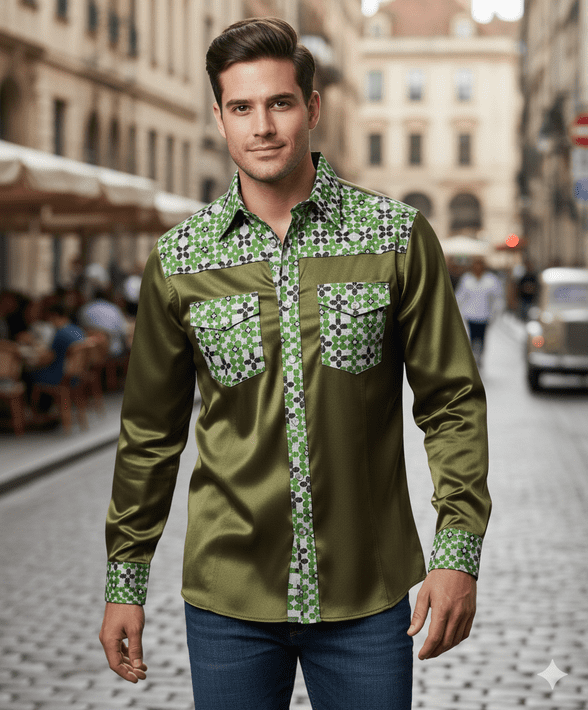 SSA8003  GreenModern Silk & Satin Shirt with intricate geometric detailing on the collar & cuffs