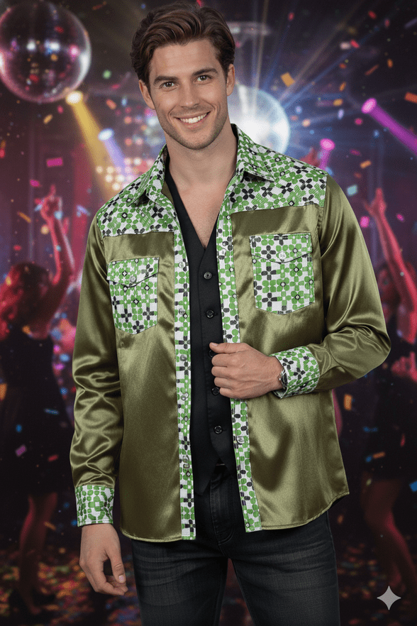 SSA8003  GreenModern Silk & Satin Shirt with intricate geometric detailing on the collar & cuffs