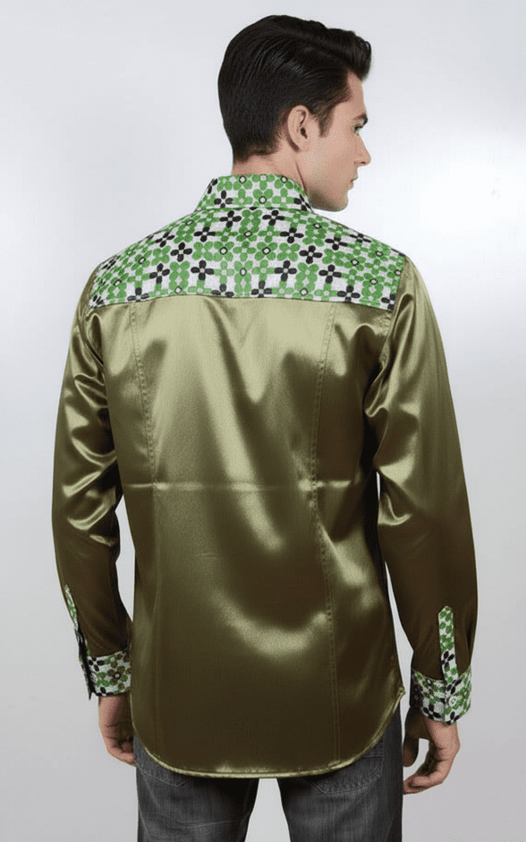 SSA8003  GreenModern Silk & Satin Shirt with intricate geometric detailing on the collar & cuffs