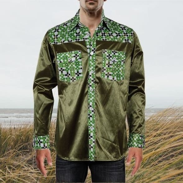 SSA8003  GreenModern Silk & Satin Shirt with intricate geometric detailing on the collar & cuffs