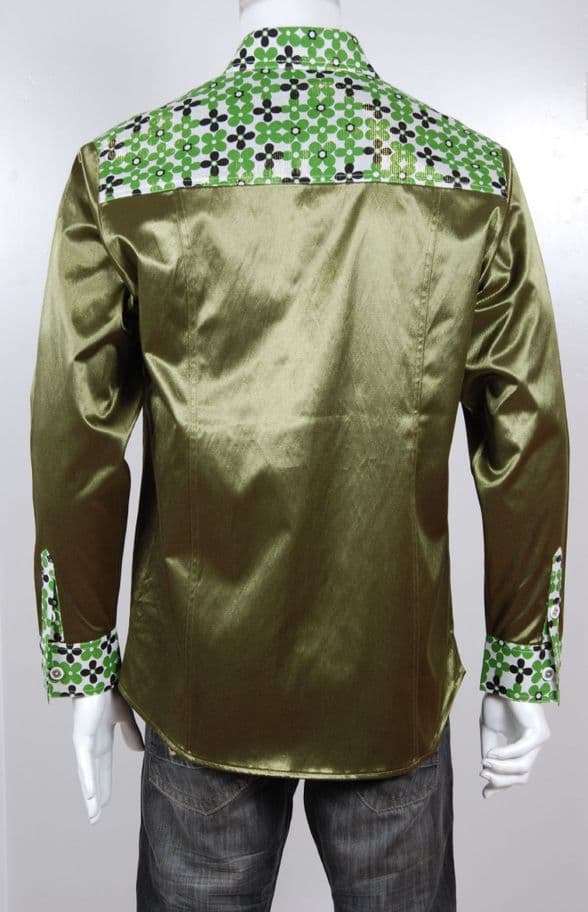 SSA8003  GreenModern Silk & Satin Shirt with intricate geometric detailing on the collar & cuffs