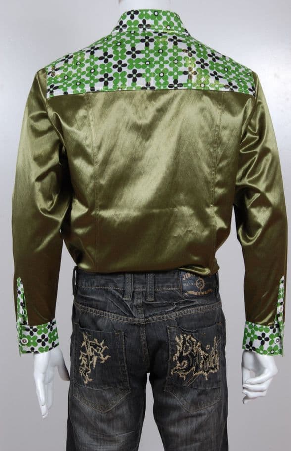 SSA8003  GreenModern Silk & Satin Shirt with intricate geometric detailing on the collar & cuffs