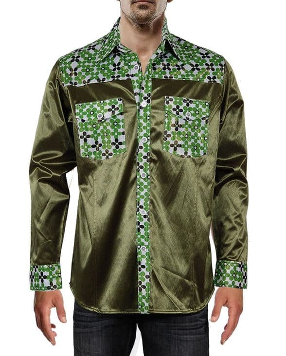 SSA8003  GreenModern Silk & Satin Shirt with intricate geometric detailing on the collar & cuffs