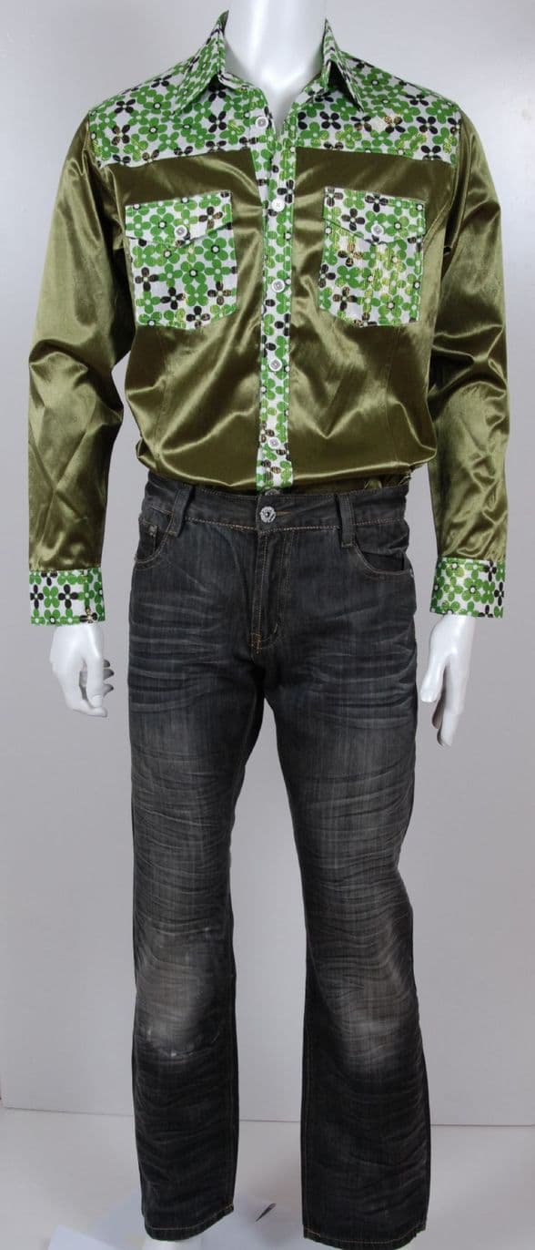SSA8003  GreenModern Silk & Satin Shirt with intricate geometric detailing on the collar & cuffs