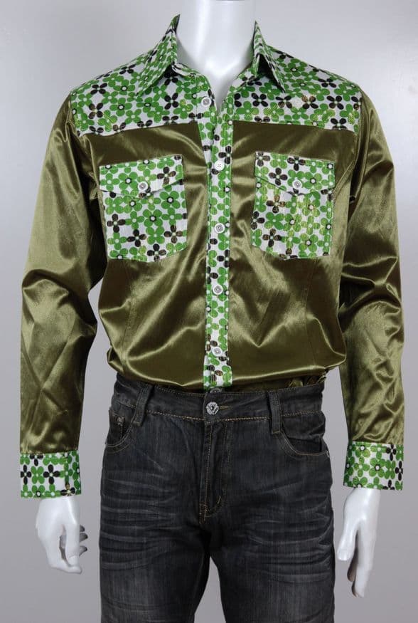 SSA8003  GreenModern Silk & Satin Shirt with intricate geometric detailing on the collar & cuffs