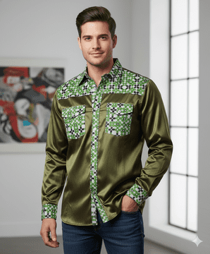 SSA8003  GreenModern Silk & Satin Shirt with intricate geometric detailing on the collar & cuffs