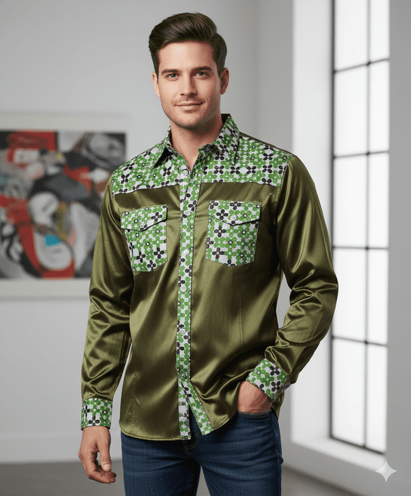SSA8003 GreenModern Silk & Satin Shirt with intricate geometric detailing on the collar & cuffs