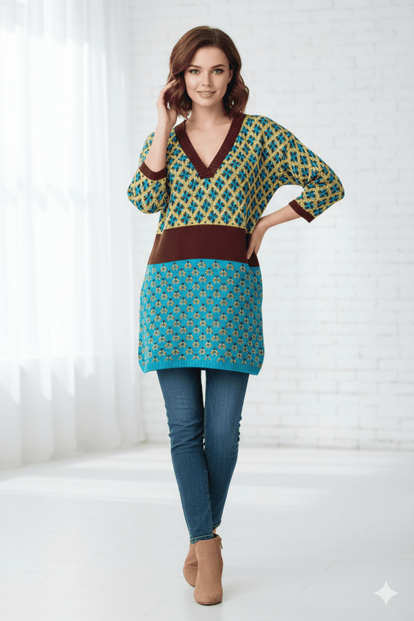 Tantrend V Neck Petrol Blue/Mustard Yellow Top - Madrid, Spain