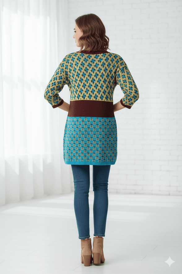 Tantrend V Neck Petrol Blue/Mustard Yellow Top - Madrid, Spain