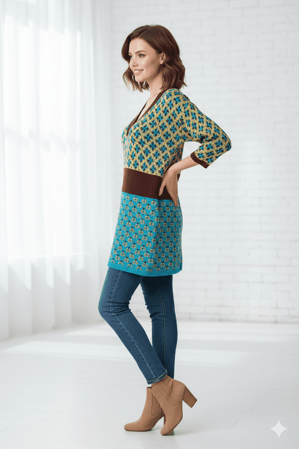Tantrend V Neck Petrol Blue/Mustard Yellow Top - Madrid, Spain