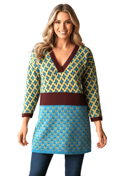 Tantrend V Neck Petrol Blue/Mustard Yellow Top - Madrid, Spain