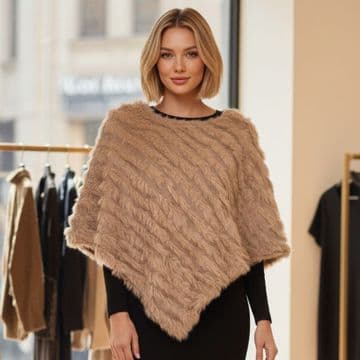 UK Coney Fur Poncho - Light Natural Brown - (Genuine fur poncho )