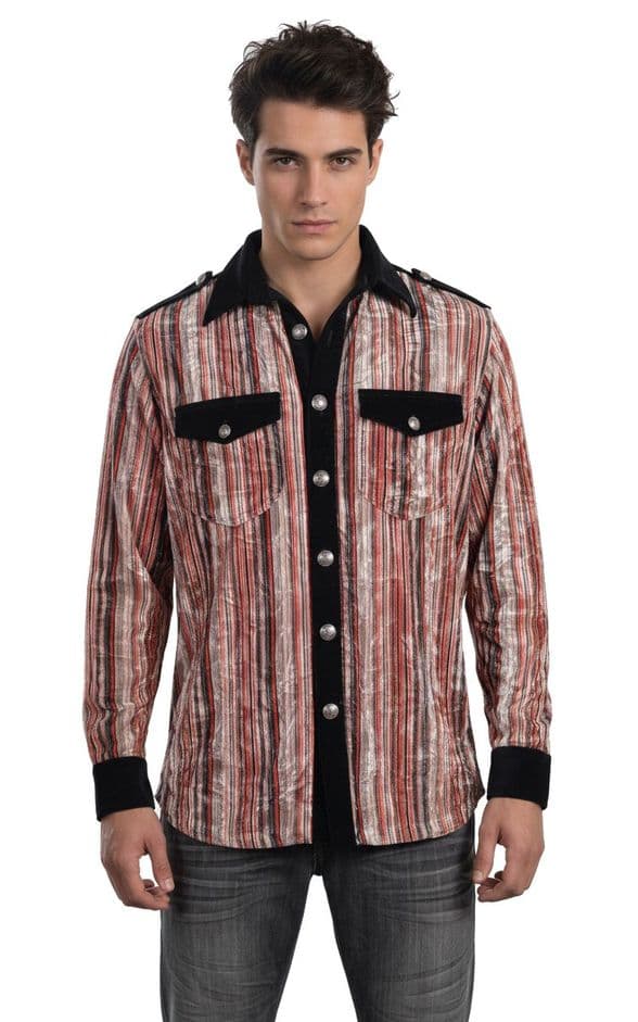 VSA8001 black red blue striped velvet shirt