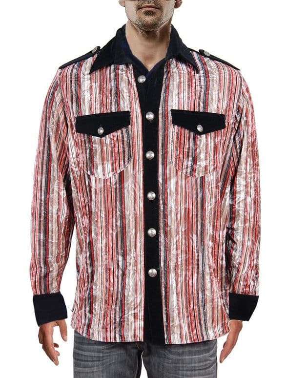 VSA8001 black red blue striped velvet shirt