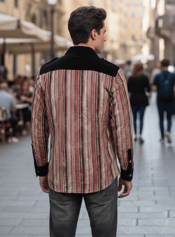 VSA8001 black red blue striped velvet shirt