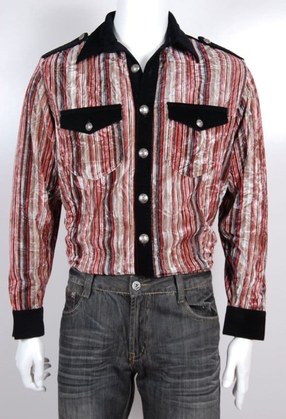 VSA8001 black red blue striped velvet shirt