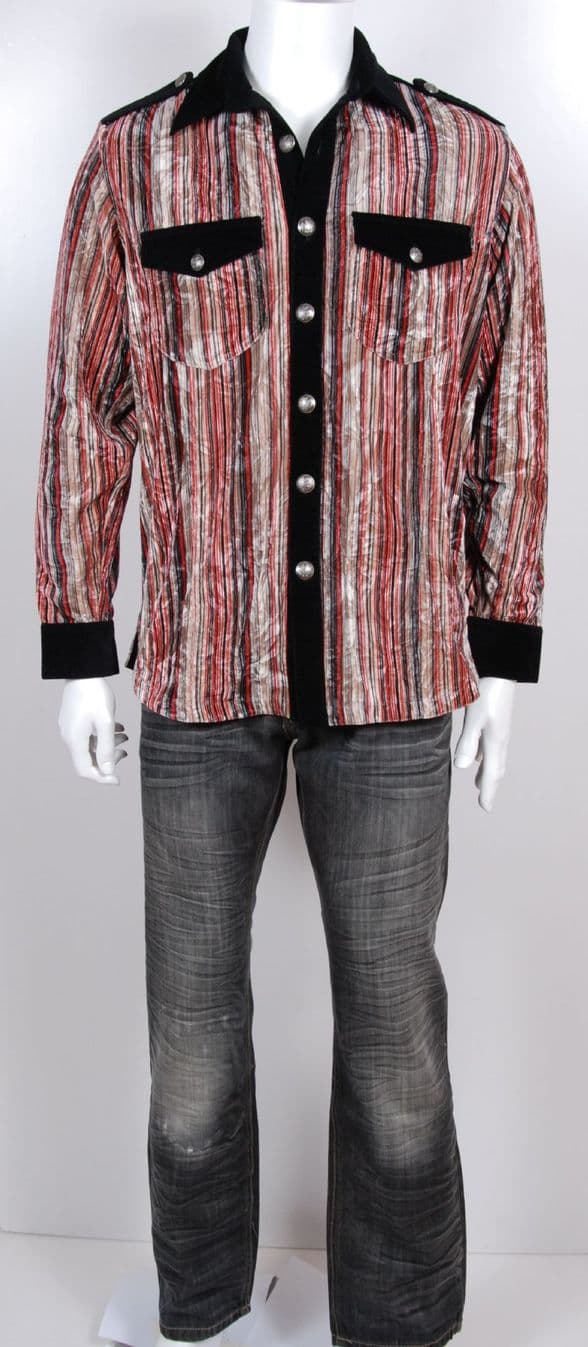 VSA8001 black red blue striped velvet shirt