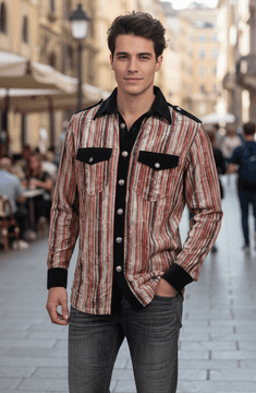 VSA8001 black red blue striped velvet shirt