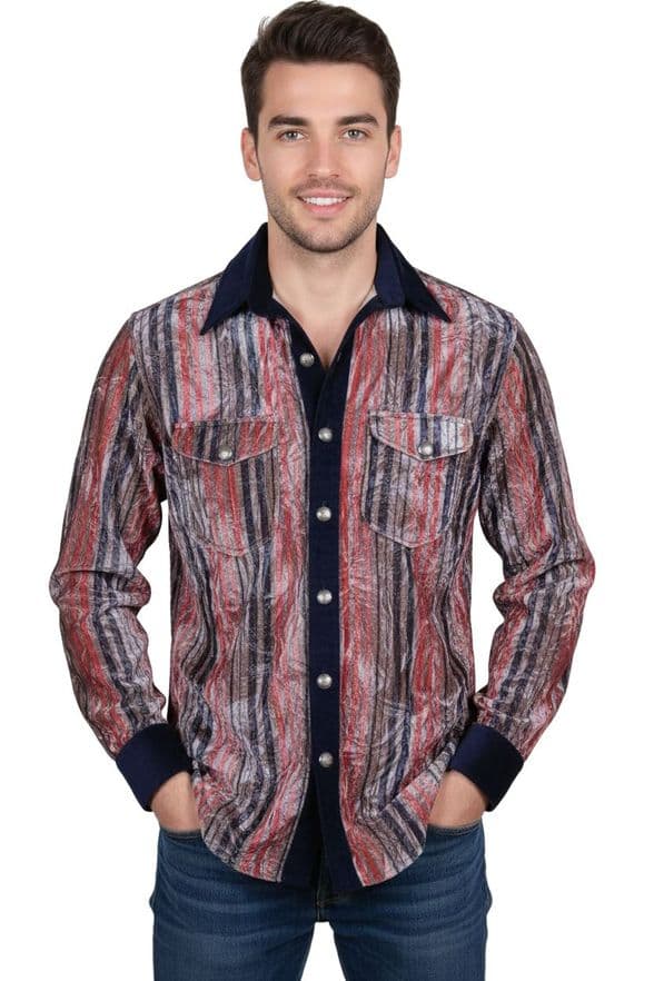 VSA8002 black red blue striped velvet shirt