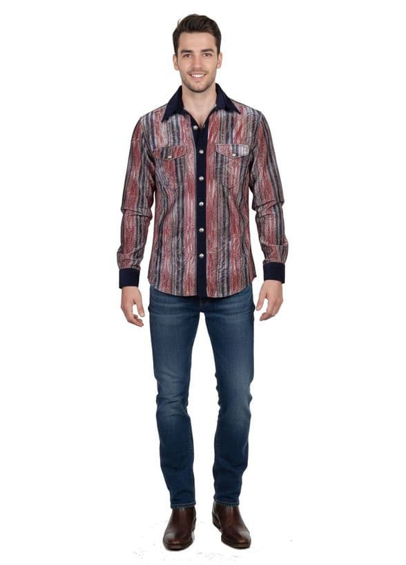 VSA8002 black red blue striped velvet shirt