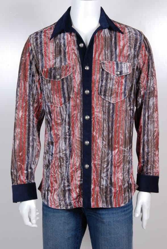 VSA8002 black red blue striped velvet shirt