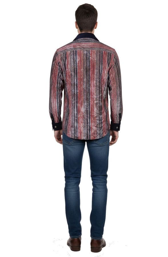 VSA8002 black red blue striped velvet shirt