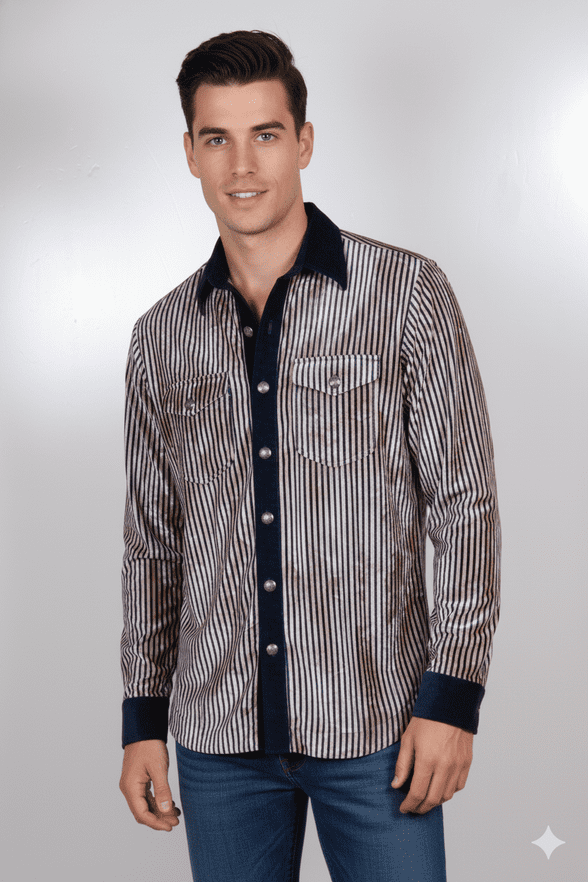 VSA8004 Blue white striped velvet shirt / Brand New Men’s Velvet Striped Shirt – Luxe Navy & Taupe w