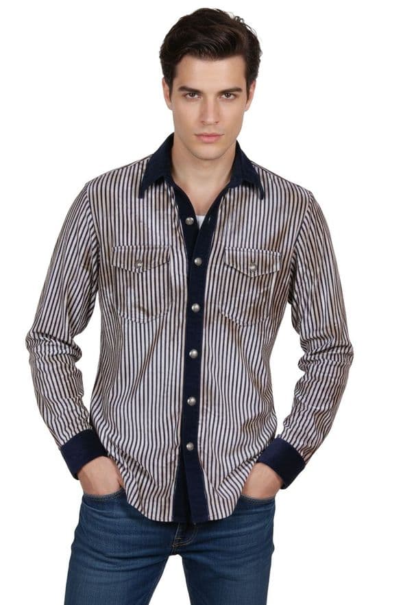 VSA8004 Blue white striped velvet shirt / Brand New Men’s Velvet Striped Shirt – Luxe Navy & Taupe w
