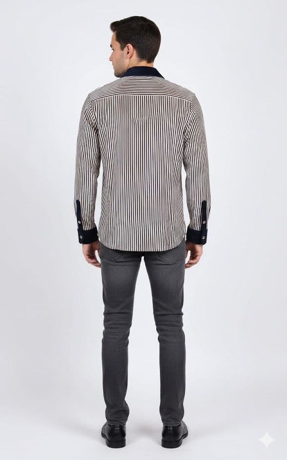 VSA8004 Blue white striped velvet shirt / Brand New Men’s Velvet Striped Shirt – Luxe Navy & Taupe w