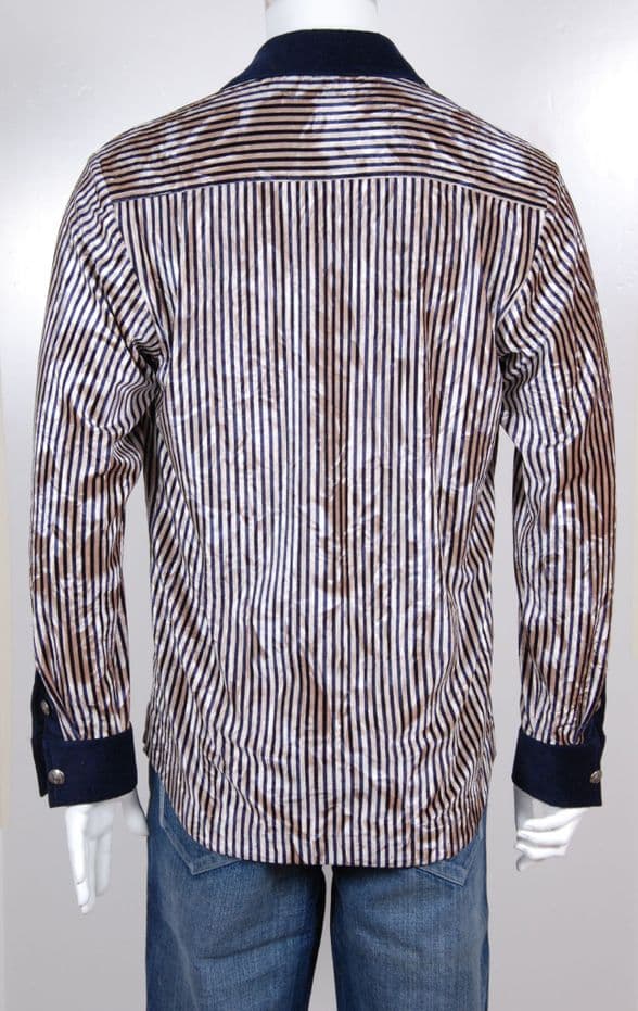 VSA8004 Blue white striped velvet shirt / Brand New Men’s Velvet Striped Shirt – Luxe Navy & Taupe w