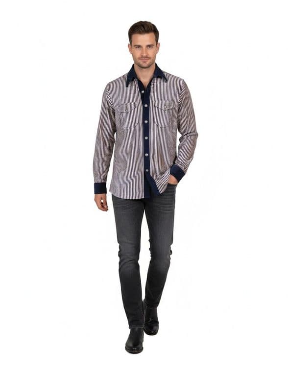 VSA8004 Blue white striped velvet shirt / Brand New Men’s Velvet Striped Shirt – Luxe Navy & Taupe w