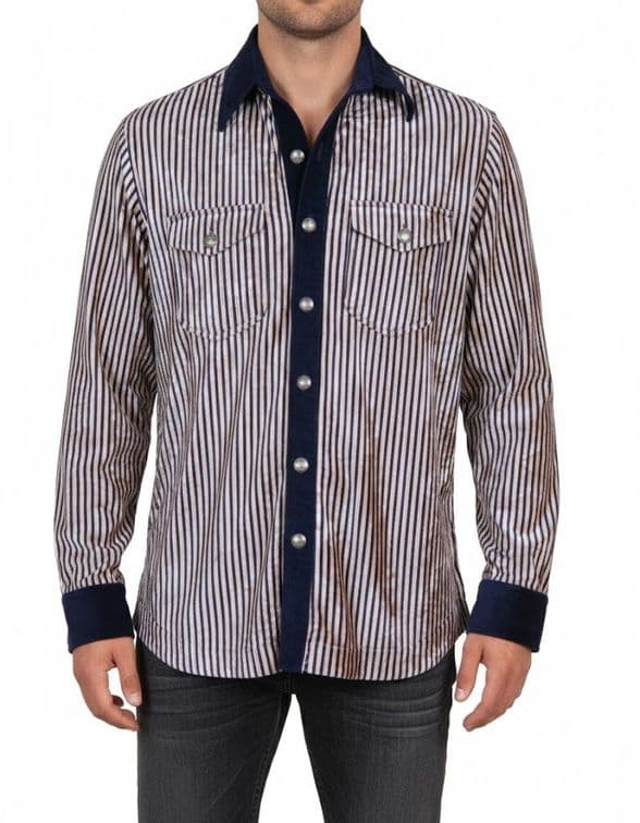 VSA8004 Blue white striped velvet shirt / Brand New Men’s Velvet Striped Shirt – Luxe Navy & Taupe w