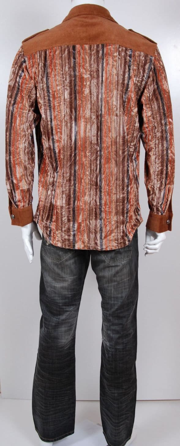 VSA8005 Men’s Corduroy and Crushed Velvet Shirt  Brown, Taupe, Rust, and Charcoal Stripes