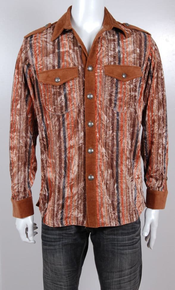 VSA8005 Men’s Corduroy and Crushed Velvet Shirt  Brown, Taupe, Rust, and Charcoal Stripes
