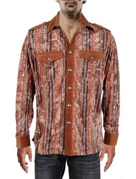 VSA8005 Men’s Corduroy and Crushed Velvet Shirt  Brown, Taupe, Rust, and Charcoal Stripes