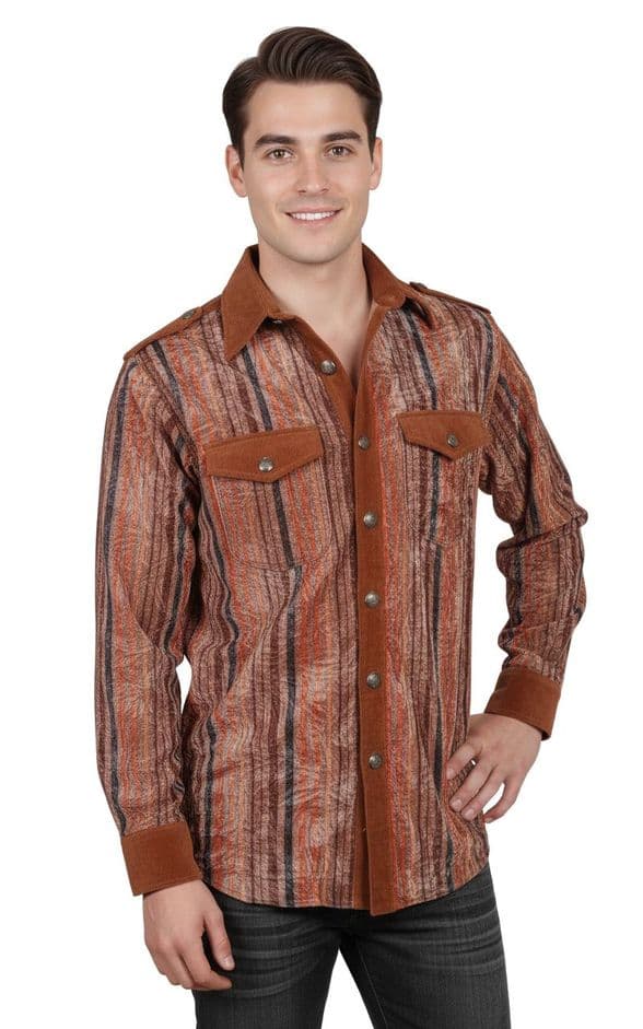 VSA8005 Men’s Corduroy and Crushed Velvet Shirt  Brown, Taupe, Rust, and Charcoal Stripes