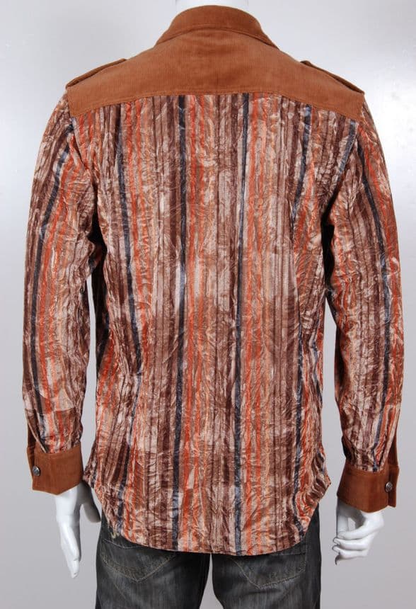 VSA8005 Men’s Corduroy and Crushed Velvet Shirt  Brown, Taupe, Rust, and Charcoal Stripes