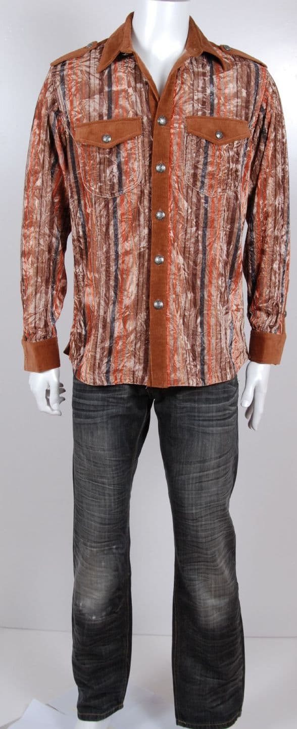 VSA8005 Men’s Corduroy and Crushed Velvet Shirt  Brown, Taupe, Rust, and Charcoal Stripes
