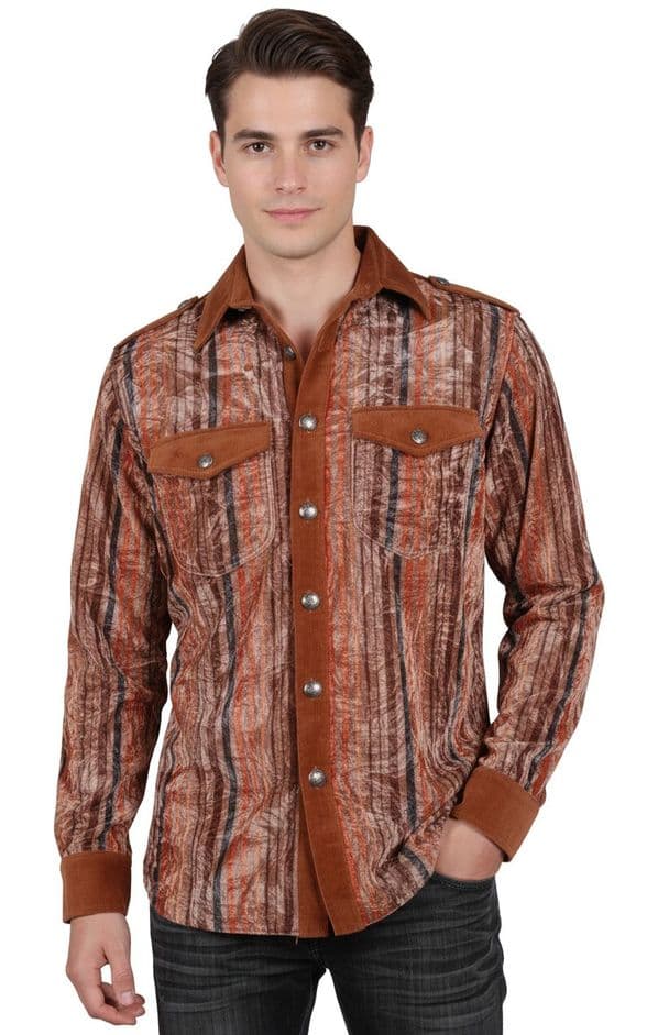 VSA8005 Men’s Corduroy and Crushed Velvet Shirt  Brown, Taupe, Rust, and Charcoal Stripes