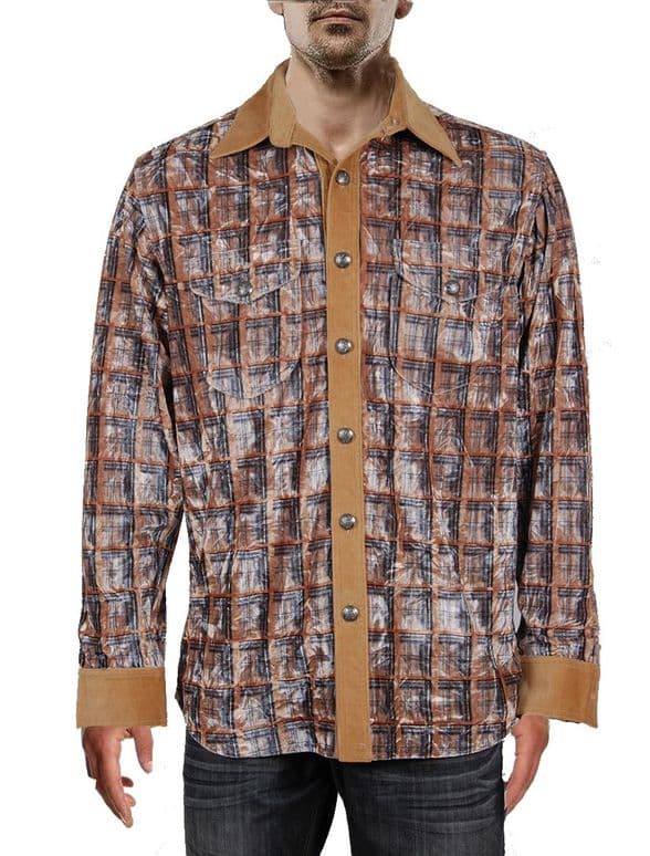 VSA8007 Blue  & Gold check velvet shirt
