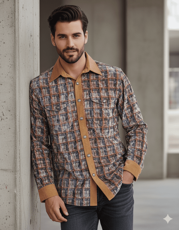 VSA8007 Blue  & Gold check velvet shirt