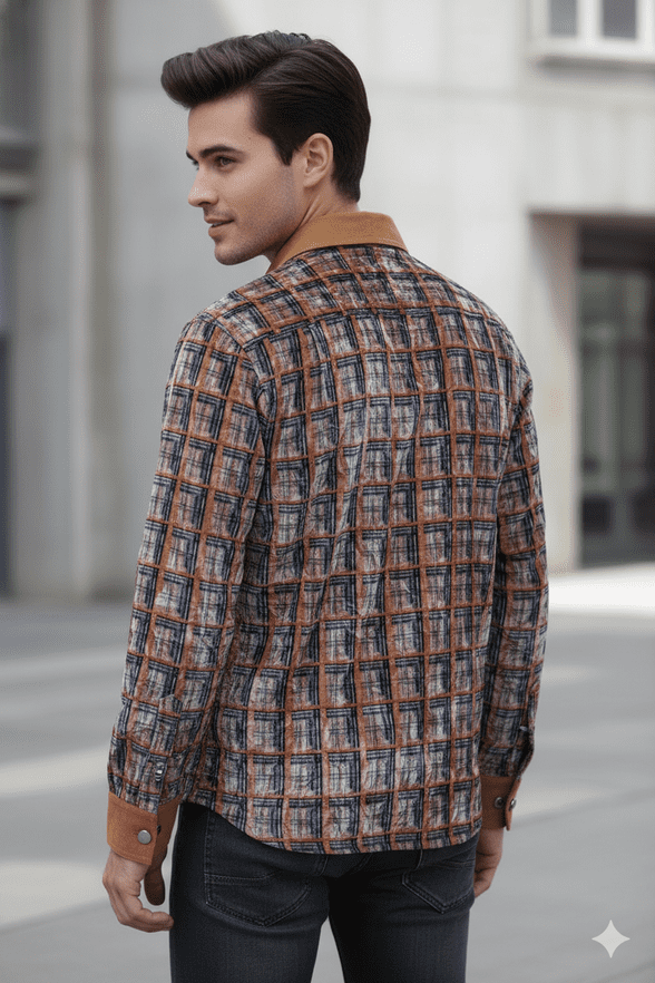 VSA8007 Blue  & Gold check velvet shirt