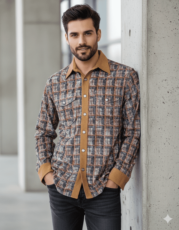 VSA8007 Blue & Gold check velvet shirt